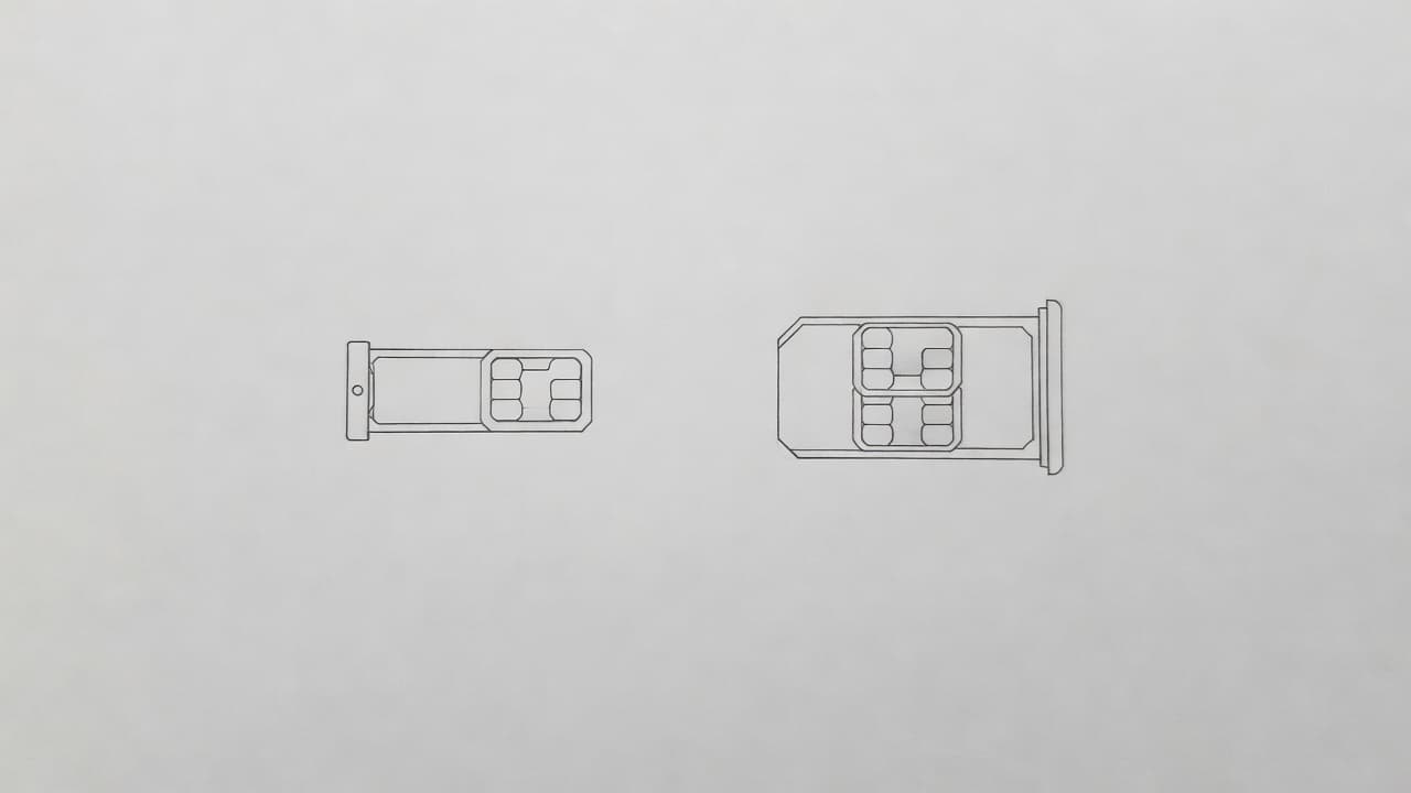 A graphite line drawing depicts two iPhone SIM tray layouts on light gray paper. One tray holds a single nano-SIM card, while the adjacent tray displays two stacked nano-SIM cards.