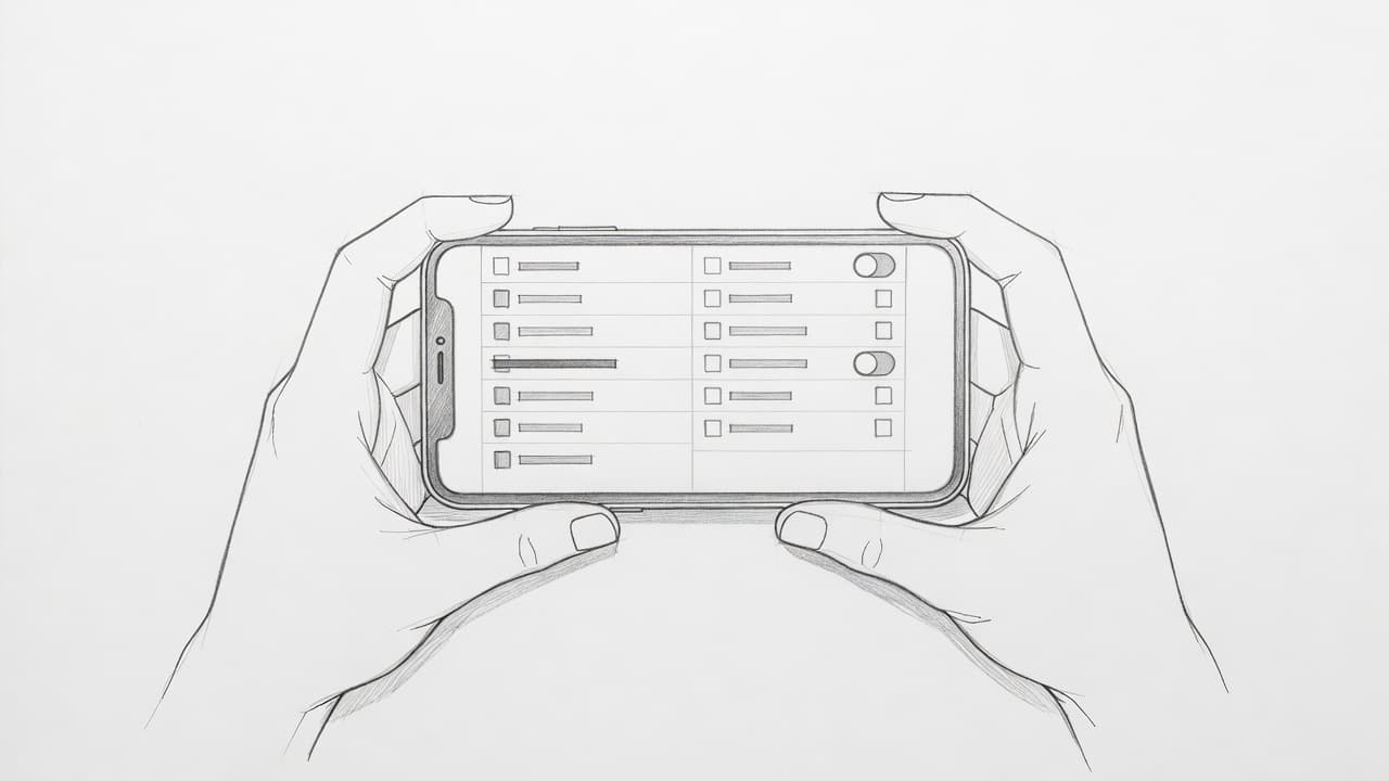 A graphite drawing shows hands holding an iPhone displaying a minimalist network settings menu. Two active toggles represent active eSIM lines, rendered with clean lines and soft light shading on paper.