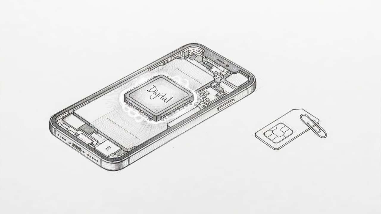 A graphite sketch depicts an internal iPhone chip glowing with secure digital symbols. In contrast, a flimsy plastic card attached to a bent paperclip rests separately outside the device frame.