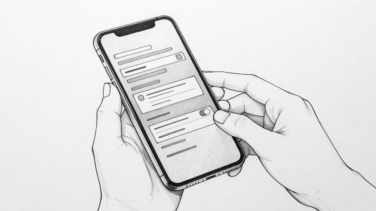 A detailed graphite drawing depicts a person's hand firmly gripping an iPhone. The screen displays a blank mobile settings menu interface, set against a stark, clean white paper background with minimalist linework.
