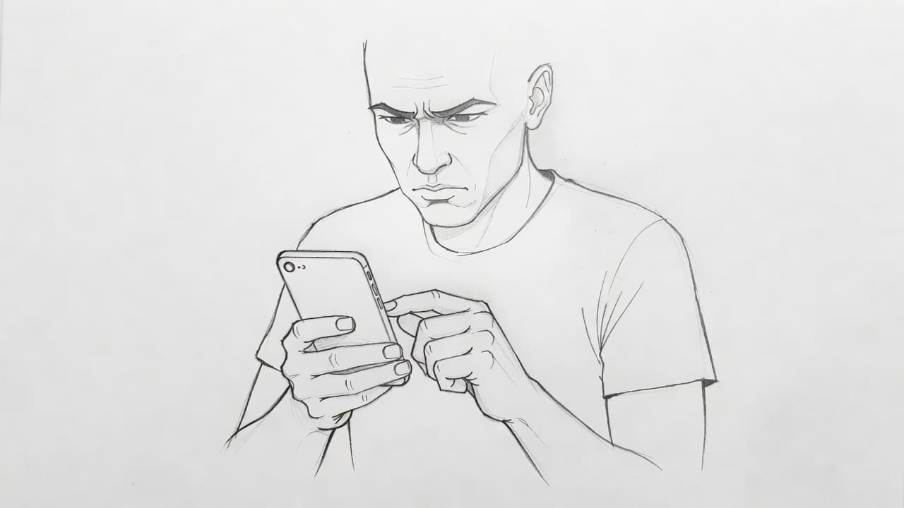 A graphite sketch depicts a person holding a smartphone with a tense, frustrated expression on their face. The drawing utilizes clean lines and subtle shading to highlight the difficult technical experience.