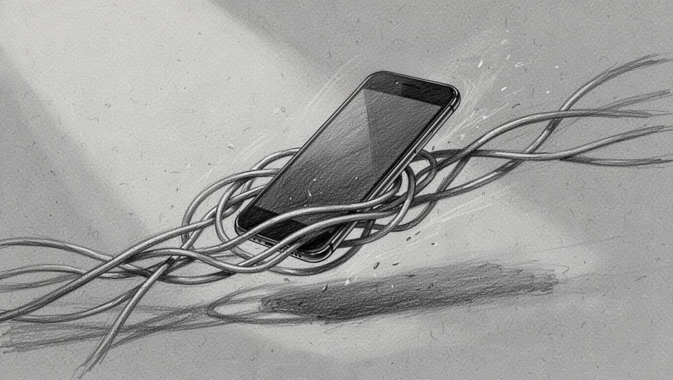 A detailed graphite pencil sketch on textured gray paper displays a minimalist smartphone emerging from a chaotic cluster of tangled charging cables. The sharp lines emphasize a transition toward wireless technology.