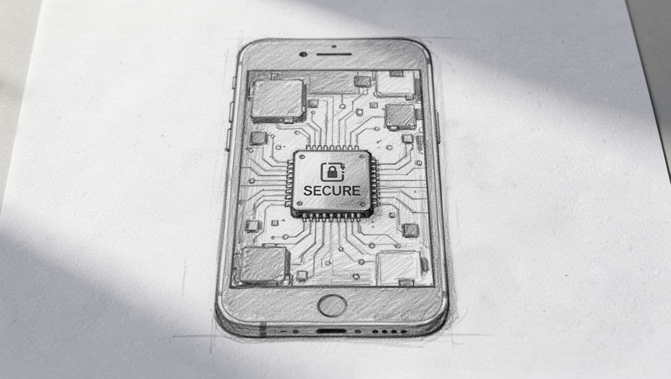 A graphite drawing illustrates the interior components of a smartphone on white paper. A central square labeled eUICC represents the secure chip, surrounded by clean structural lines and light pencil shading.