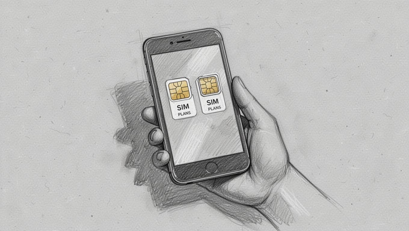 A graphite drawing on gray paper captures a person holding an iPhone displaying a cellular menu. The clear screen labels highlight two distinct SIMs identified as Home and Holiday.
