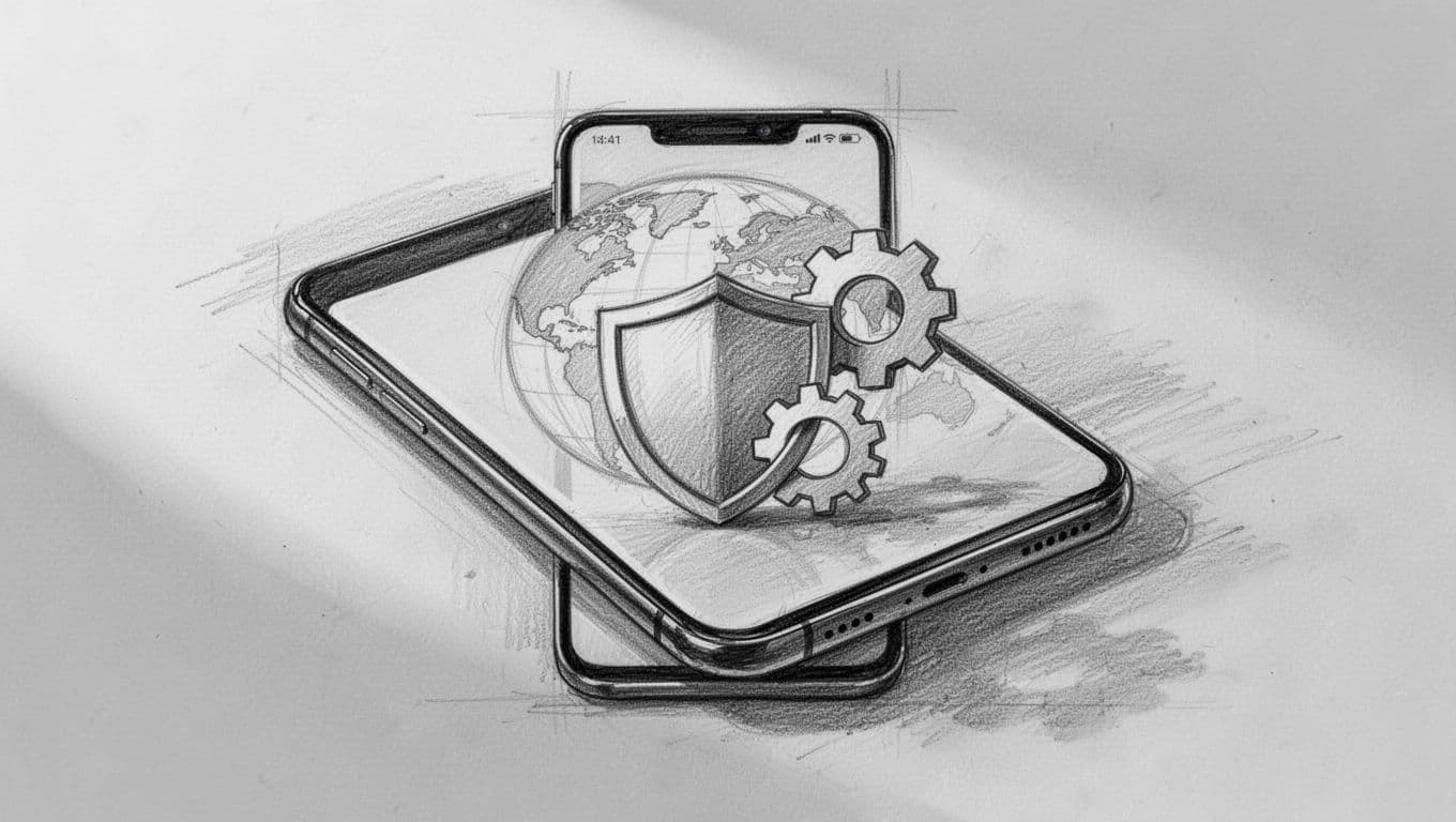 A graphite drawing features an iPhone displaying shield and gear icons against a faint global map. Subtle line shading defines the device, emphasizing digital protection settings within a clean travel interface.