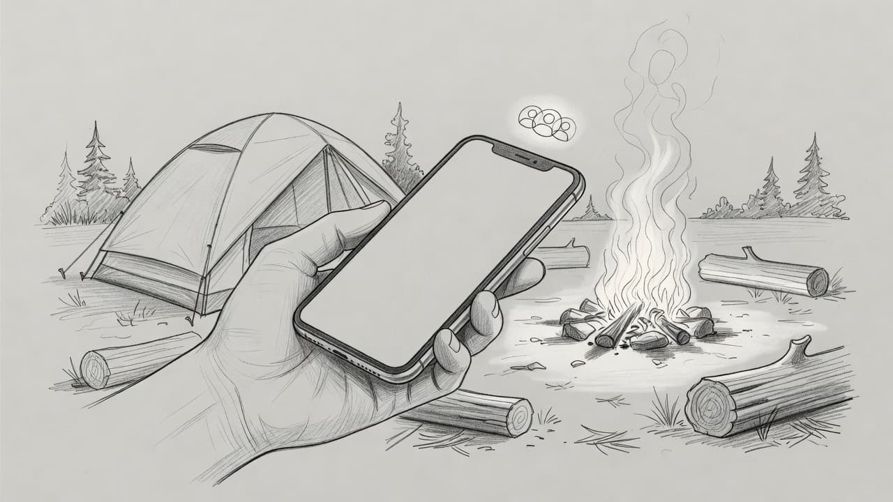 A detailed graphite sketch on textured gray paper depicts a hand holding an iPhone XR outdoors. A floating digital icon illustrating multiple profiles hovers near the device screen beside a campfire.