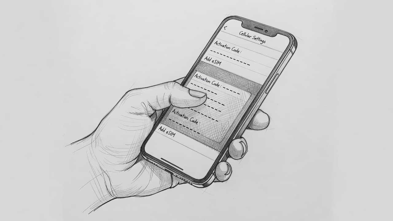 A close-up graphite sketch shows a hand holding a smartphone while interacting with an on-screen menu. The detailed linework depicts precise finger movements navigating through settings to input an activation code.
