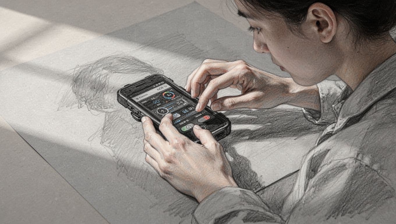 A detailed graphite sketch on textured light gray paper captures a focused individual interacting with their smartphone. Their fingers precisely tap the screen to modify digital settings within a minimalist composition.