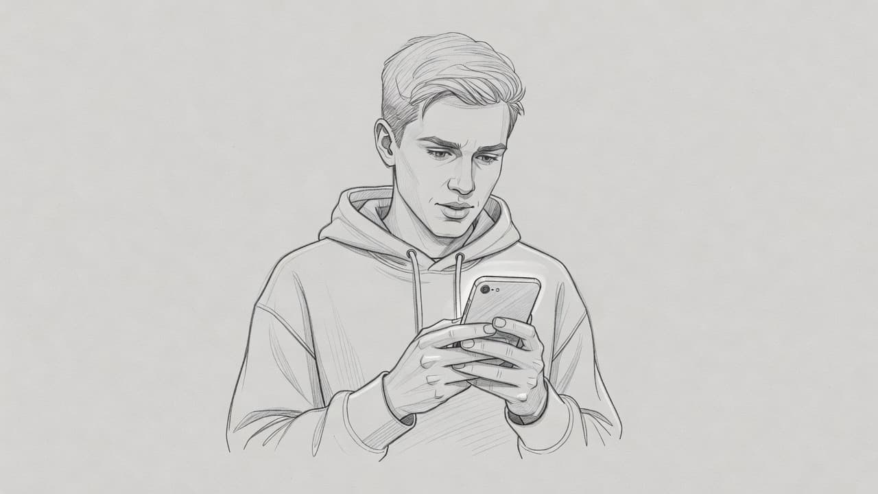 A detailed graphite sketch on light gray paper shows a person holding a smartphone. They display a look of deep curiosity while focusing intently on the illuminated screen of their device.