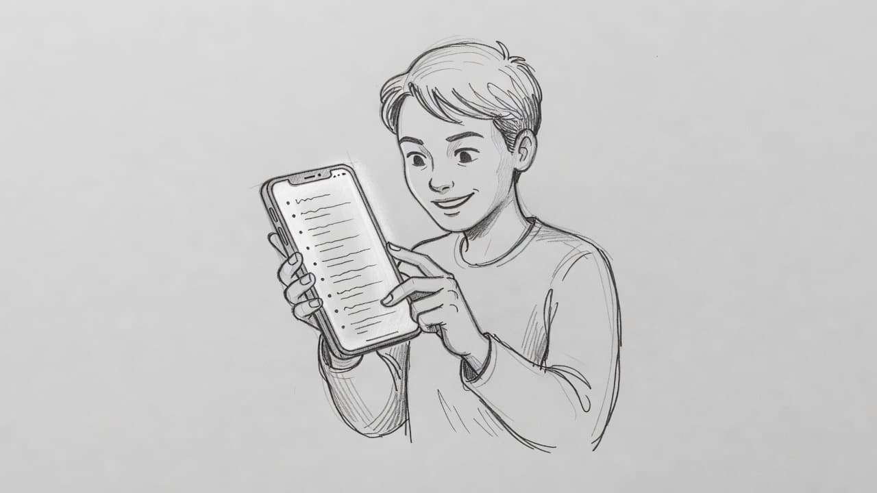 A graphite sketch depicts an individual holding a smartphone while viewing a list of inquiries on the screen. Soft shading highlights the device and the expressive, playful lines of the subject.