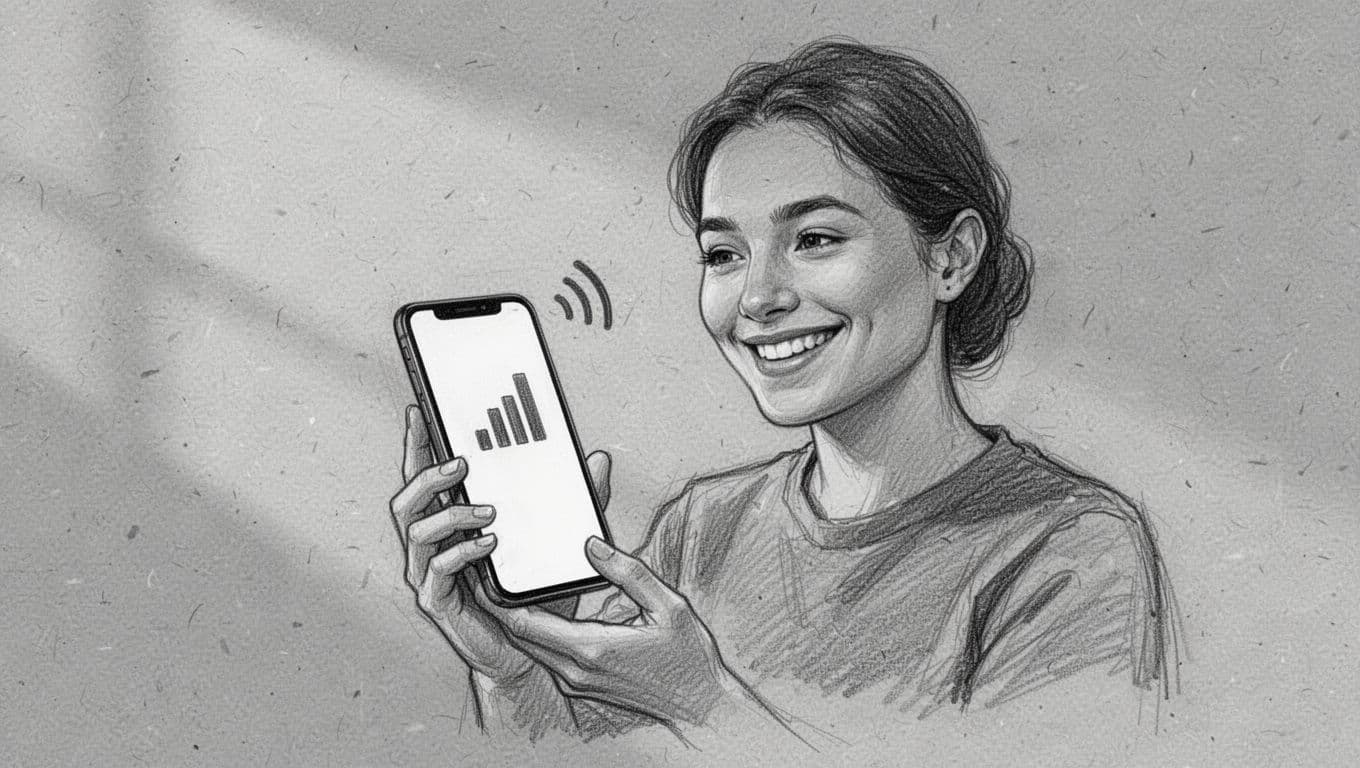 A minimalist graphite sketch on textured gray paper displays a smiling individual viewing a mobile screen. The illustration highlights a prominent signal strength icon to visualize the successful restoration of connectivity.