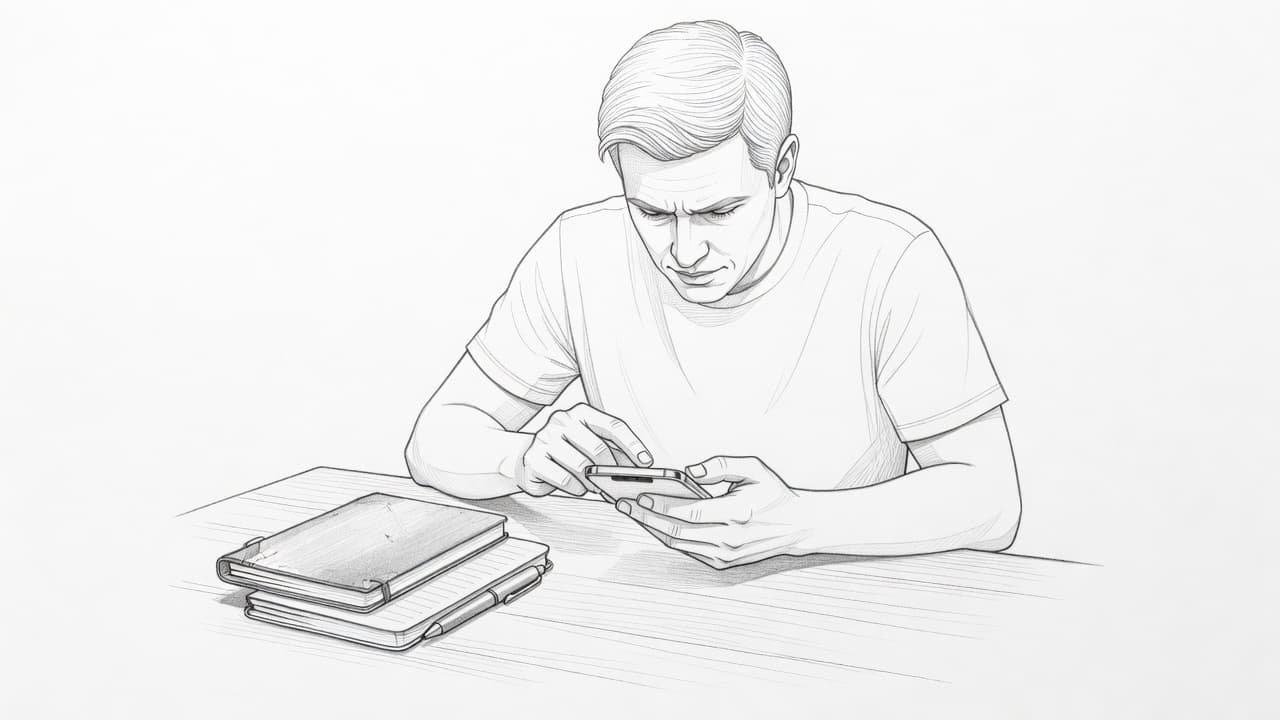 A graphite sketch depicts a person holding their smartphone over a wooden desk. Beside the device lie travel essentials including a leather notebook and a fountain pen on white paper.