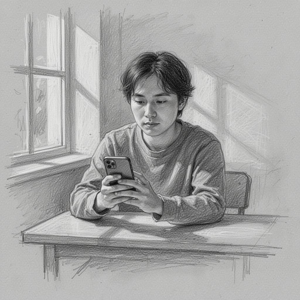 A graphite sketch on gray paper depicts an individual sitting at a workspace while intently holding a smartphone. Soft shading highlights their focused expression as they examine the device screen carefully.
