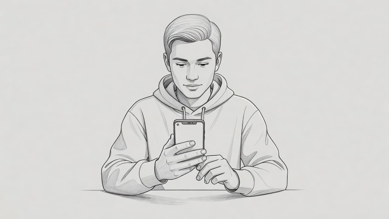 A detailed graphite sketch displays a relaxed person holding a smartphone to resolve signal errors. Soft shading defines their thoughtful posture against a plain background, emphasizing a calm approach to troubleshooting.