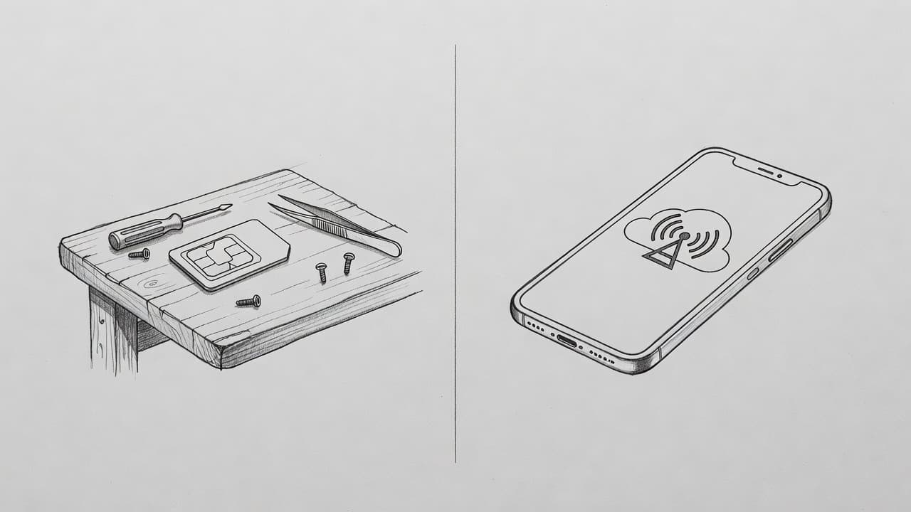 This graphite drawing juxtaposes a small physical plastic SIM card resting on a workbench with a modern smartphone screen showing a digital network icon, illustrating the evolution of mobile connectivity technologies.