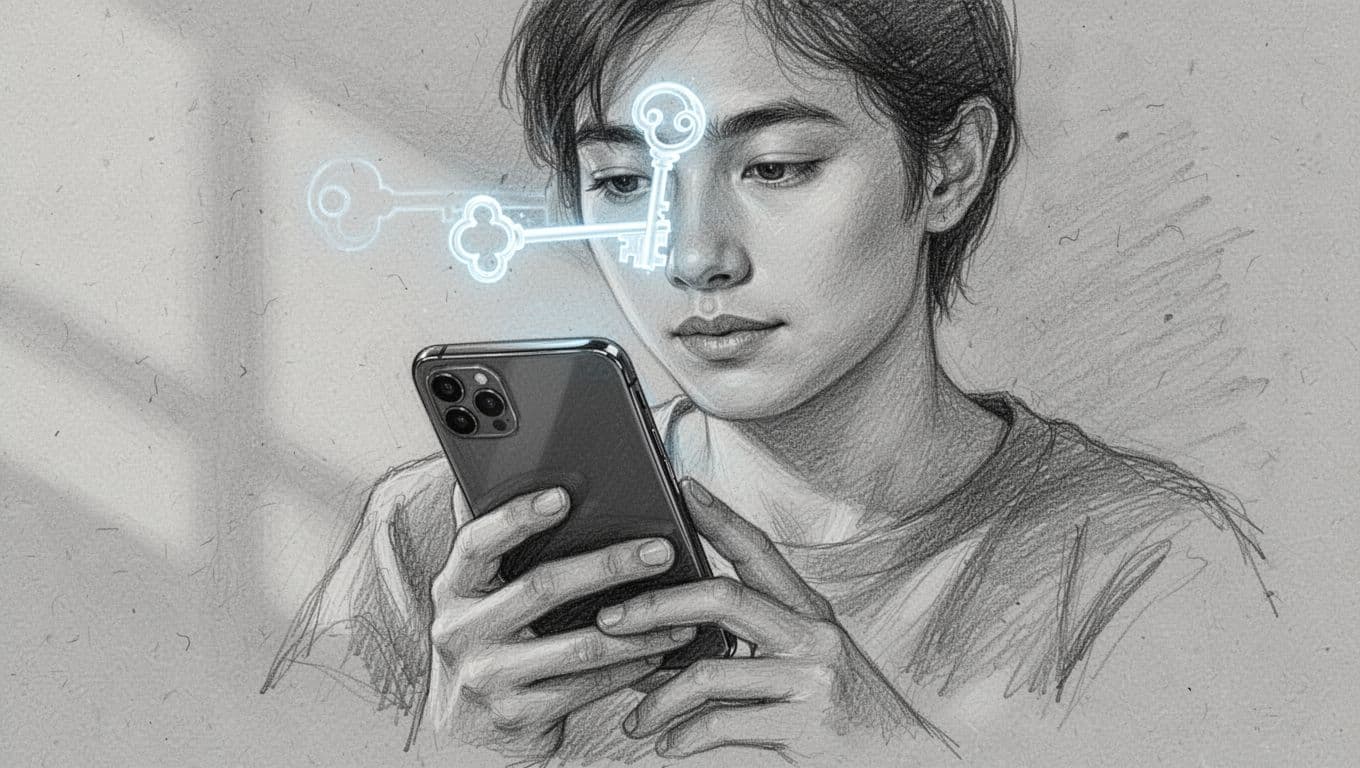 A graphite sketch on gray paper depicts a person holding a smartphone, viewing the device settings. A stylized digital key icon hovers in the air above the screen, indicating a configuration.