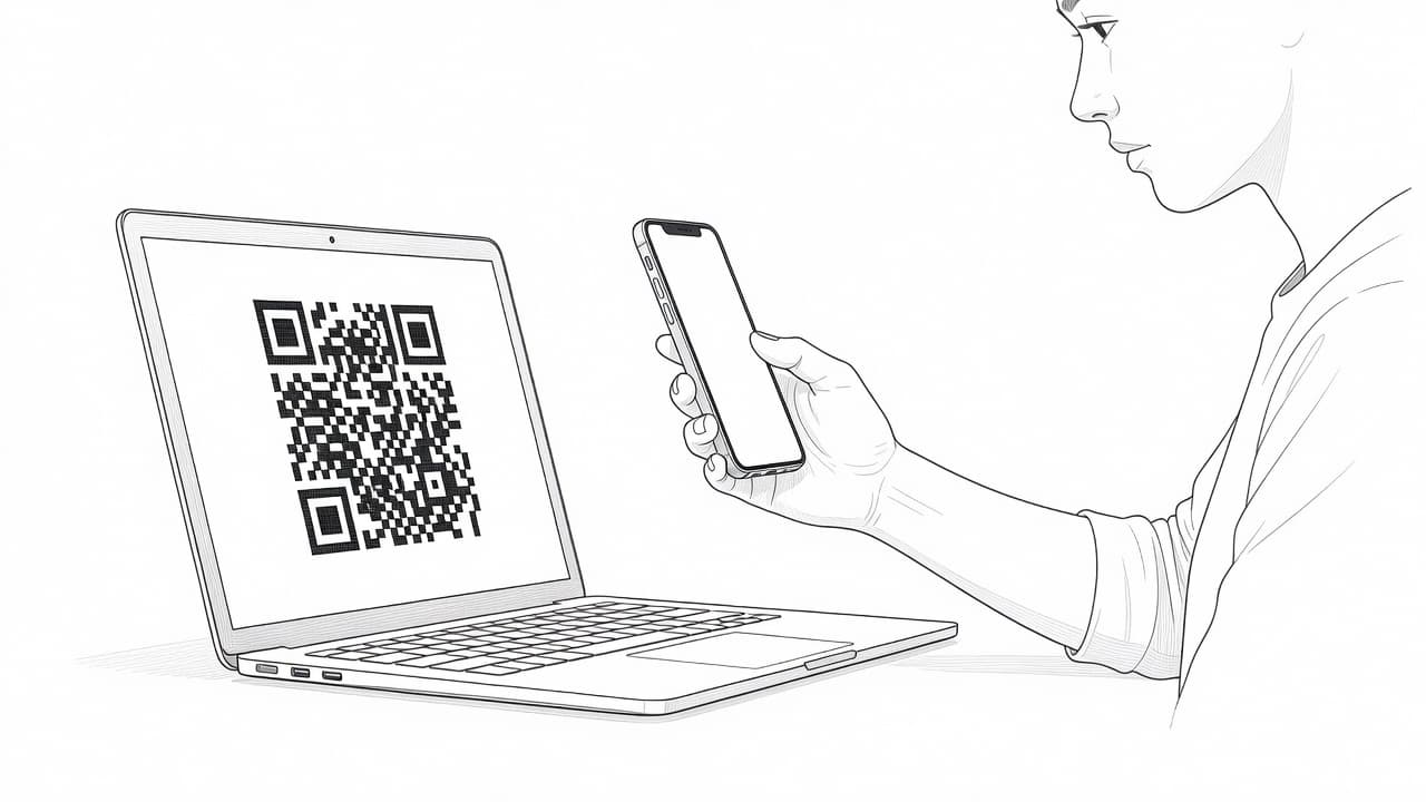 A graphite sketch depicts a person holding a smartphone near a laptop screen to scan a code. Precise lines and subtle shading define the hands, device, and computer interface visible.