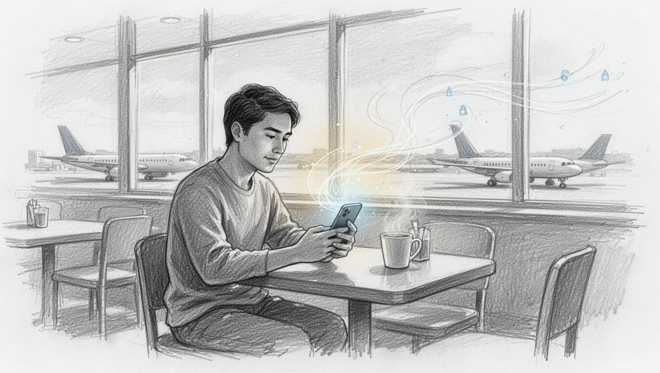 A detailed graphite drawing shows a traveler using a smartphone in an airport cafe. A glowing shield icon protects the device, while faint lines illustrate external threats lurking near public network signs.