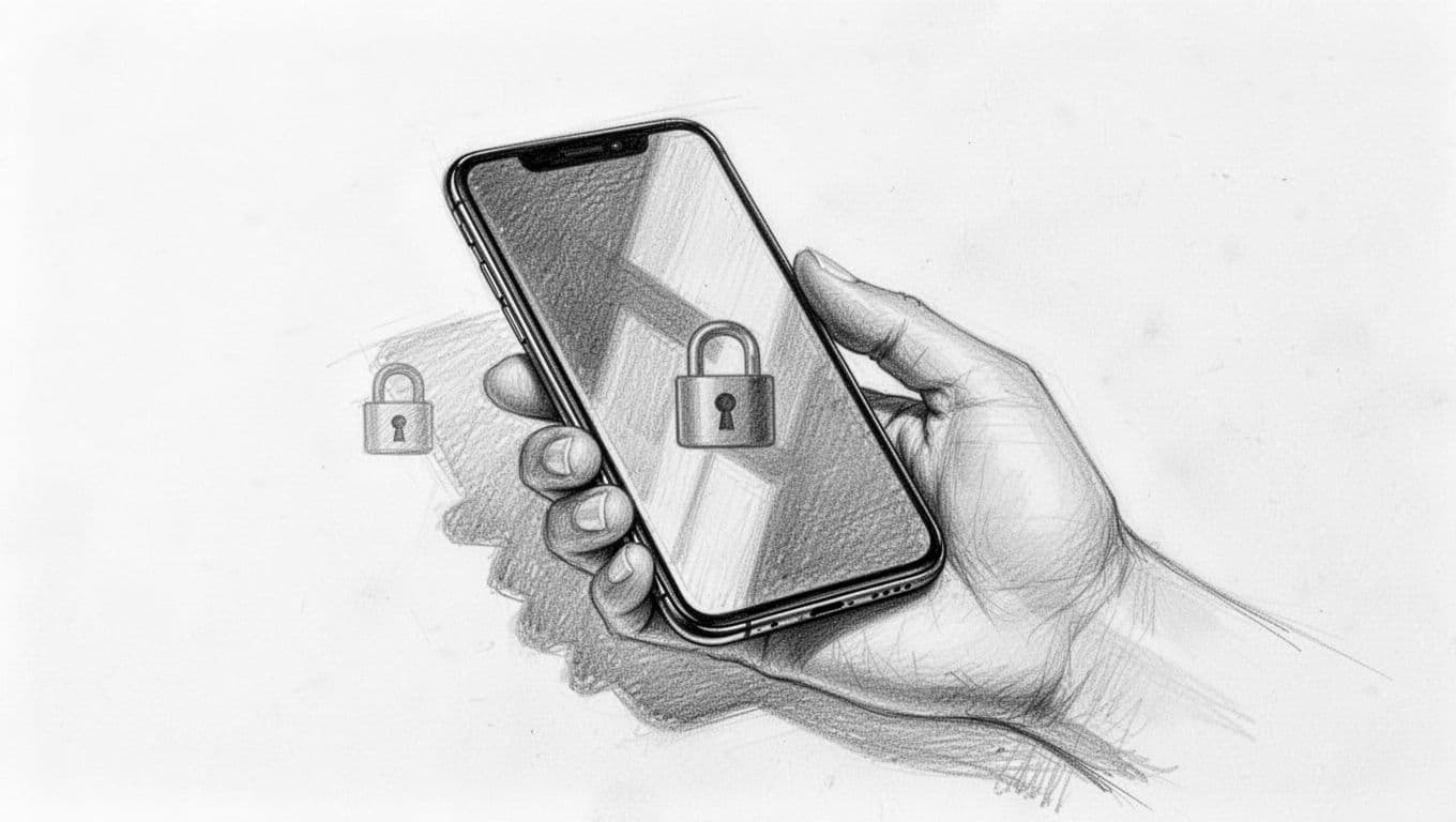 A graphite drawing on white paper depicts a human hand firmly holding a smartphone. A digital padlock icon floats near the device screen, representing enhanced privacy and protected mobile information.