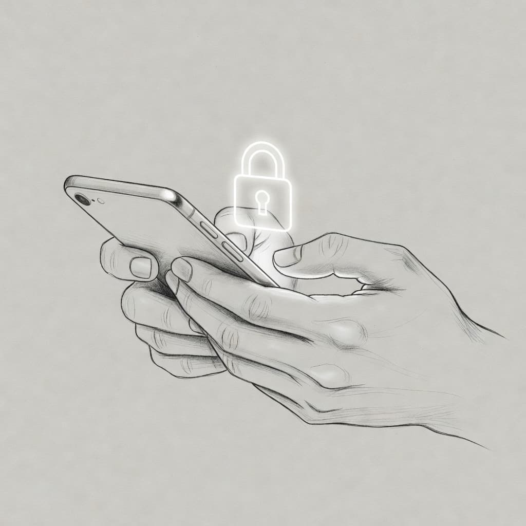 A detailed graphite sketch displays a person's hands gripping a smartphone. A stylized, glowing digital padlock icon hovers prominently above the screen to signify encrypted data and robust privacy protection settings.