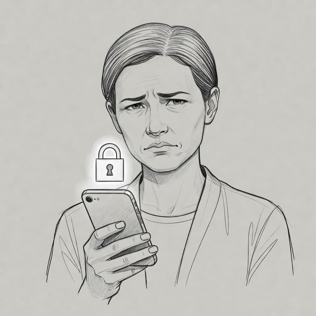 A detailed graphite sketch depicts a person with a doubtful expression holding a smartphone. A glowing, rendered digital lock icon floats directly above the device screen, signifying advanced mobile security measures.