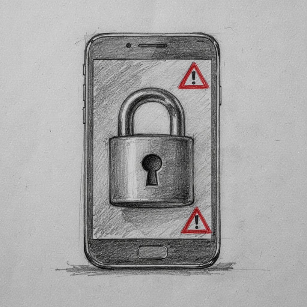 A graphite pencil sketch on gray paper displays a smartphone screen featuring a heavy padlock icon and a small warning triangle. The illustration uses clean shading to emphasize device security issues.