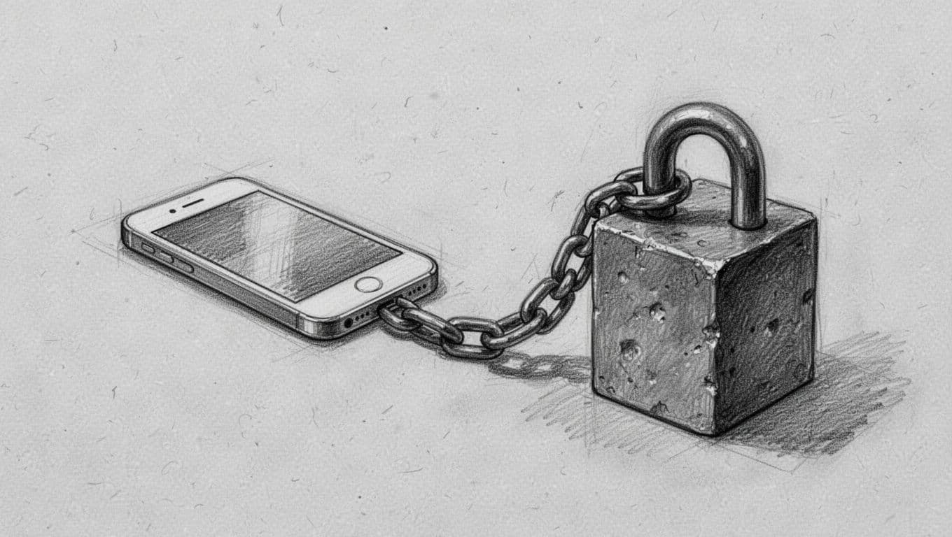 A graphite sketch on gray paper displays a smartphone connected by a thick metal chain to a heavy iron weight. The stark imagery illustrates the concept of restrictive carrier locking.