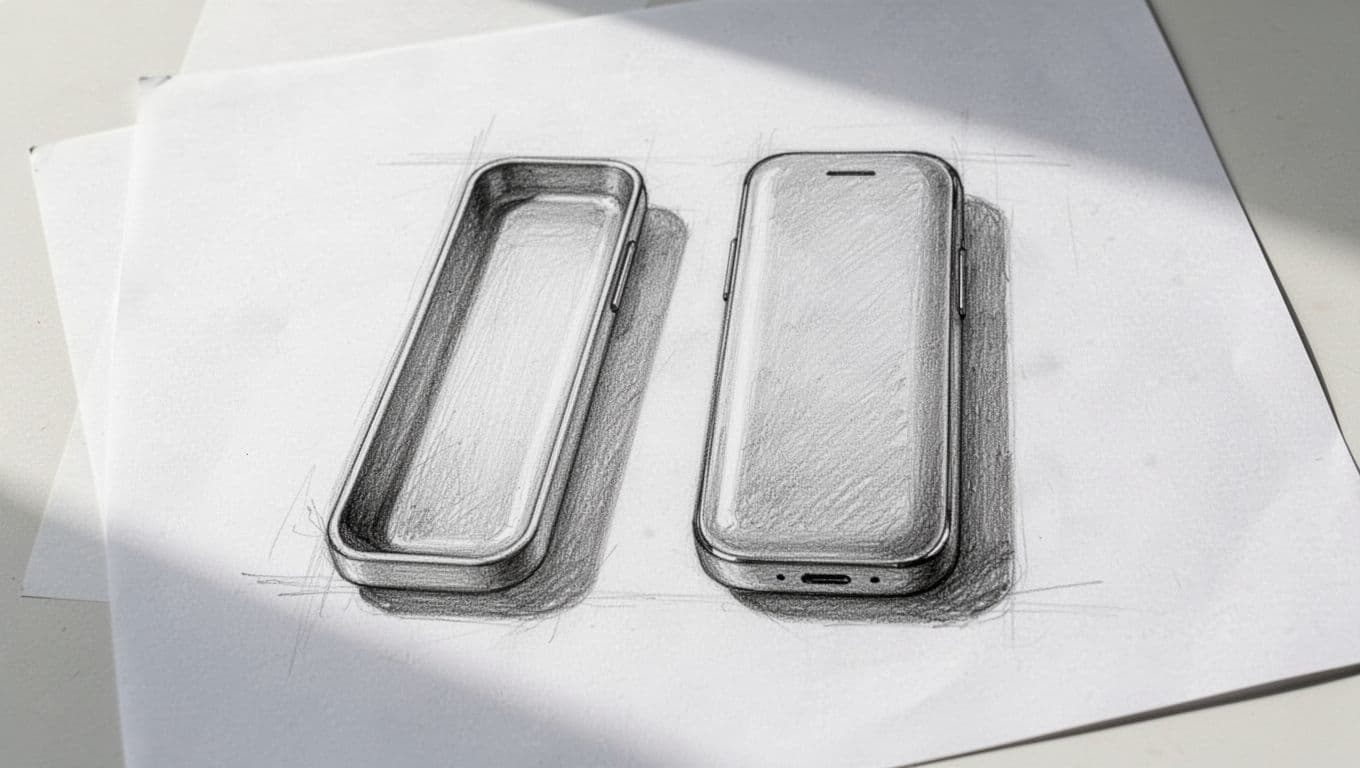 A graphite pencil sketch displays two smartphones side by side on a blank page. The left device features a side SIM tray slot, while the right model has a smooth frame.