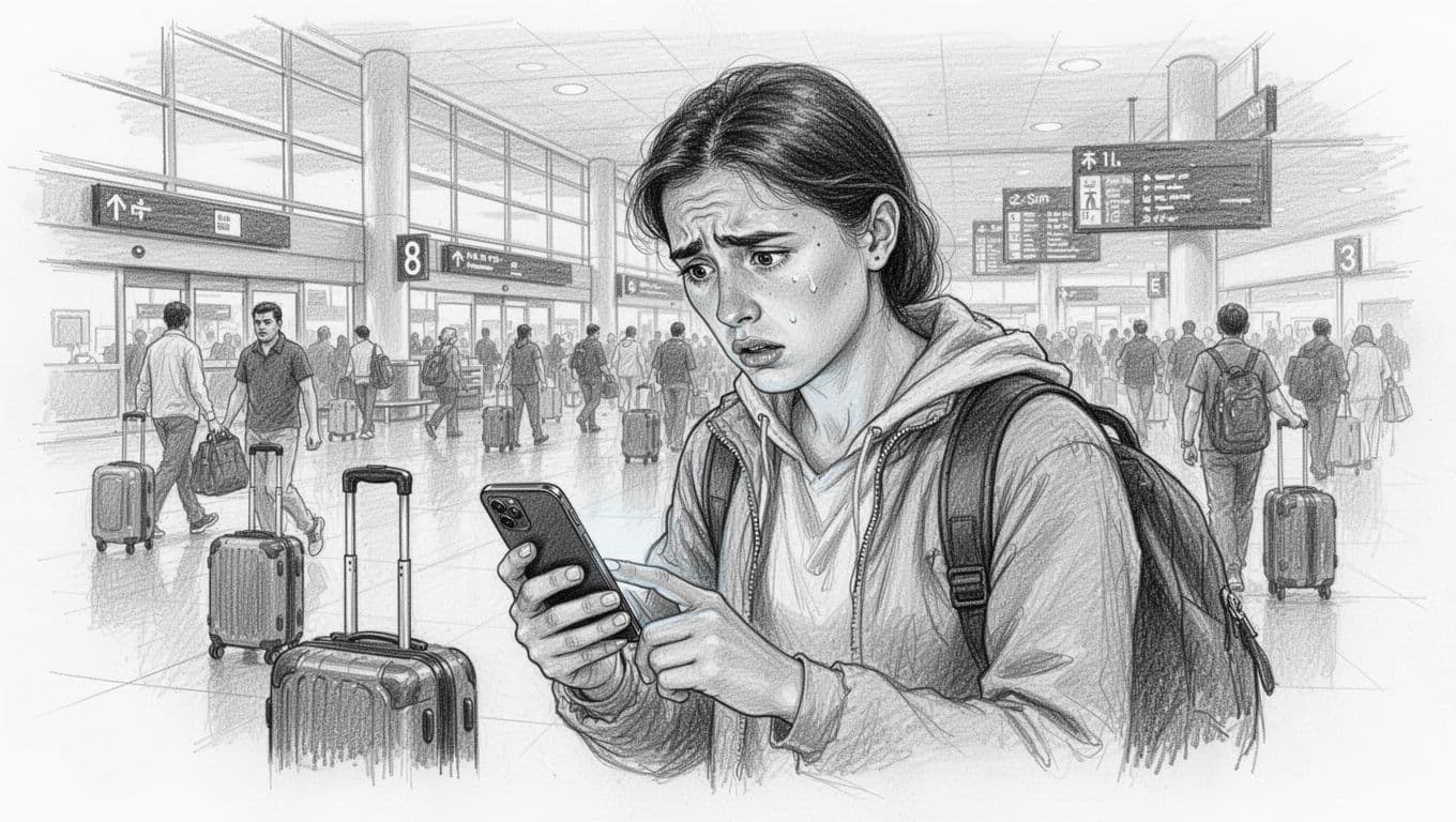 A graphite sketch depicts a lone traveler holding a smartphone in an airport terminal. Suitcases sit behind the frustrated person as they intently focus on the screen to manage digital connectivity.