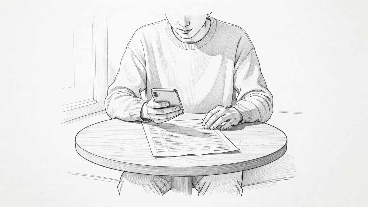 A detailed graphite sketch displays an individual seated at a bistro table reviewing a printed itinerary alongside a smartphone. The artist used soft hatching to highlight the focused, calm atmosphere.