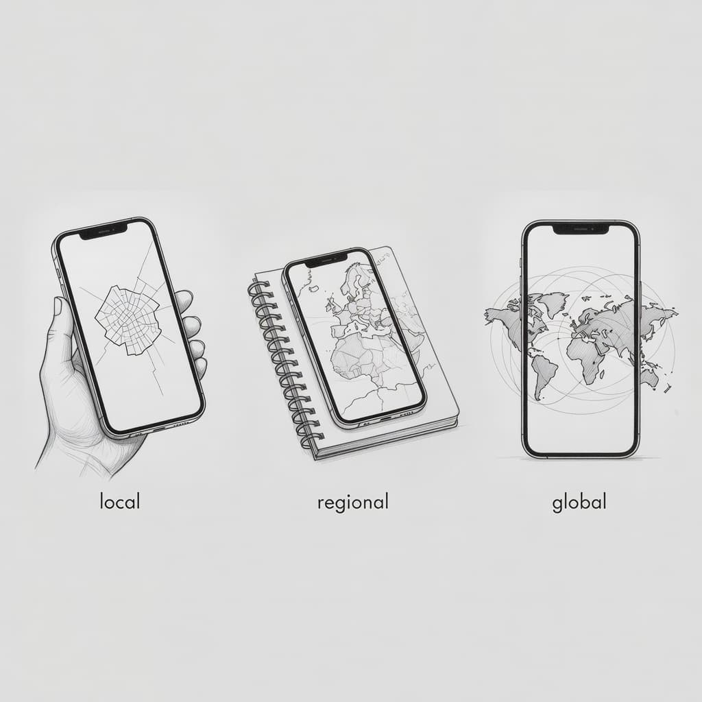 Three circular graphite sketches illustrate travel scales on a textured gray paper background. Simple linework defines a house, a mountain range, and a globe to represent different geographic roaming plan scopes.
