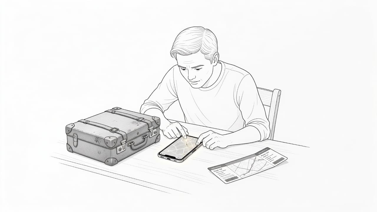A detailed graphite sketch depicts a traveler comparing digital maps on a smartphone. A suitcase and a flight ticket sit on a clean table surface, highlighting the travel preparation process.