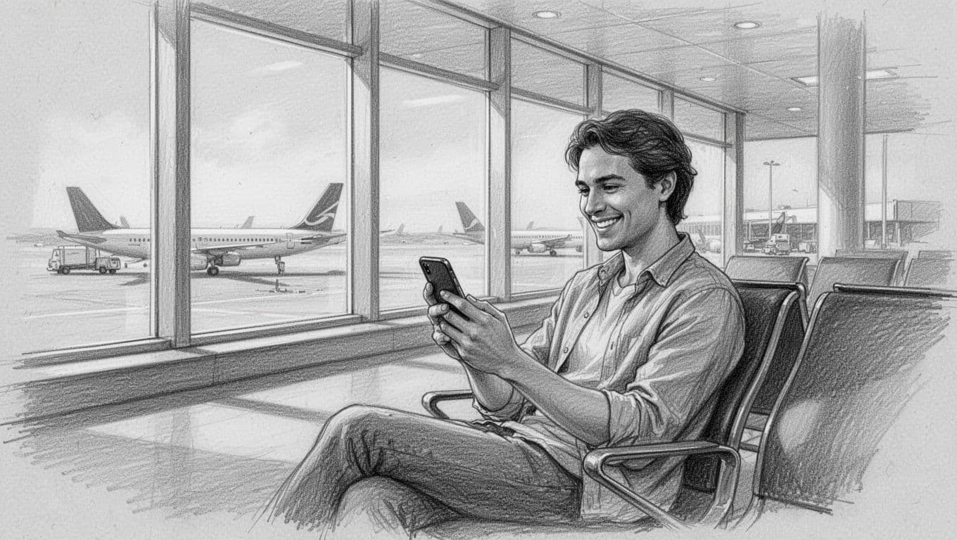 A detailed graphite sketch displays a smiling traveler seated in an airport lounge. They hold an iPhone, illustrating the seamless process of digital eSIM activation while waiting by large terminal windows.