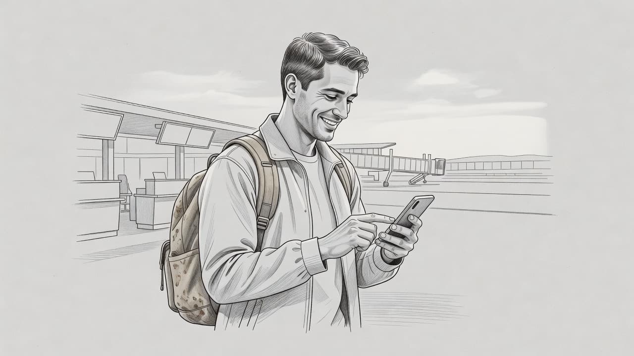 A detailed graphite sketch displays a smiling traveler actively adjusting their smartphone screen. The background features a minimalist airport terminal silhouette with soft shading and clean pencil lines on gray paper.
