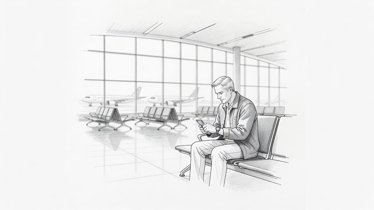 A graphite sketch depicts a traveler standing in a terminal, intently comparing the time on a wristwatch and a smartphone. The minimalist scene features soft shading against a clean white background.