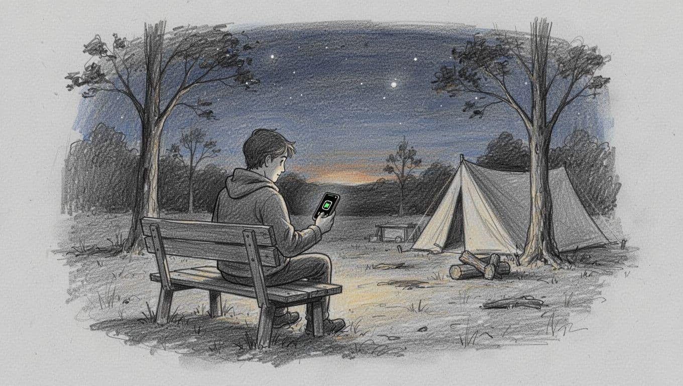 A graphite sketch showing a traveler perched on a wooden bench at a remote campsite. The individual gazes intently at their phone screen beneath a dark, starless sky and sparse trees.