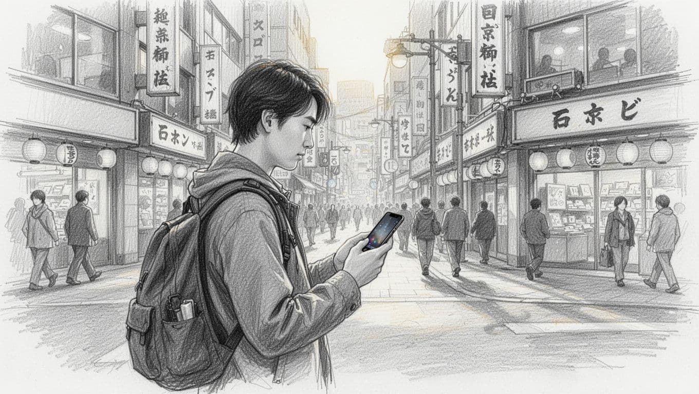 A sketch style illustration depicts a traveler standing on a busy street. They hold an iPhone with a calm expression, surrounded by subtle urban details rendered on clean white paper.