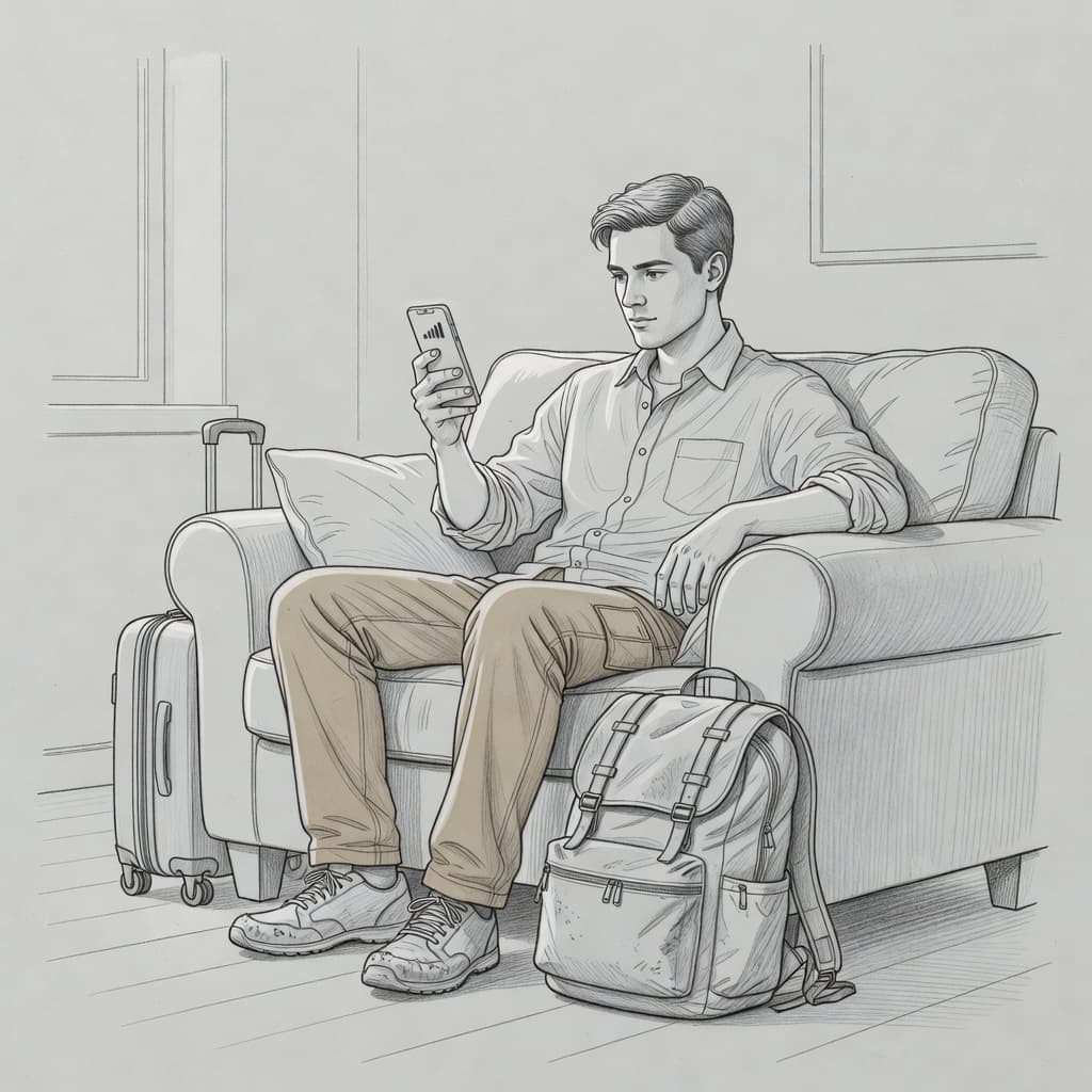 A detailed graphite sketch displays a traveler seated on a comfortable couch while examining their smartphone. The figure focuses on signal strength bars to ensure connectivity before their upcoming departure.