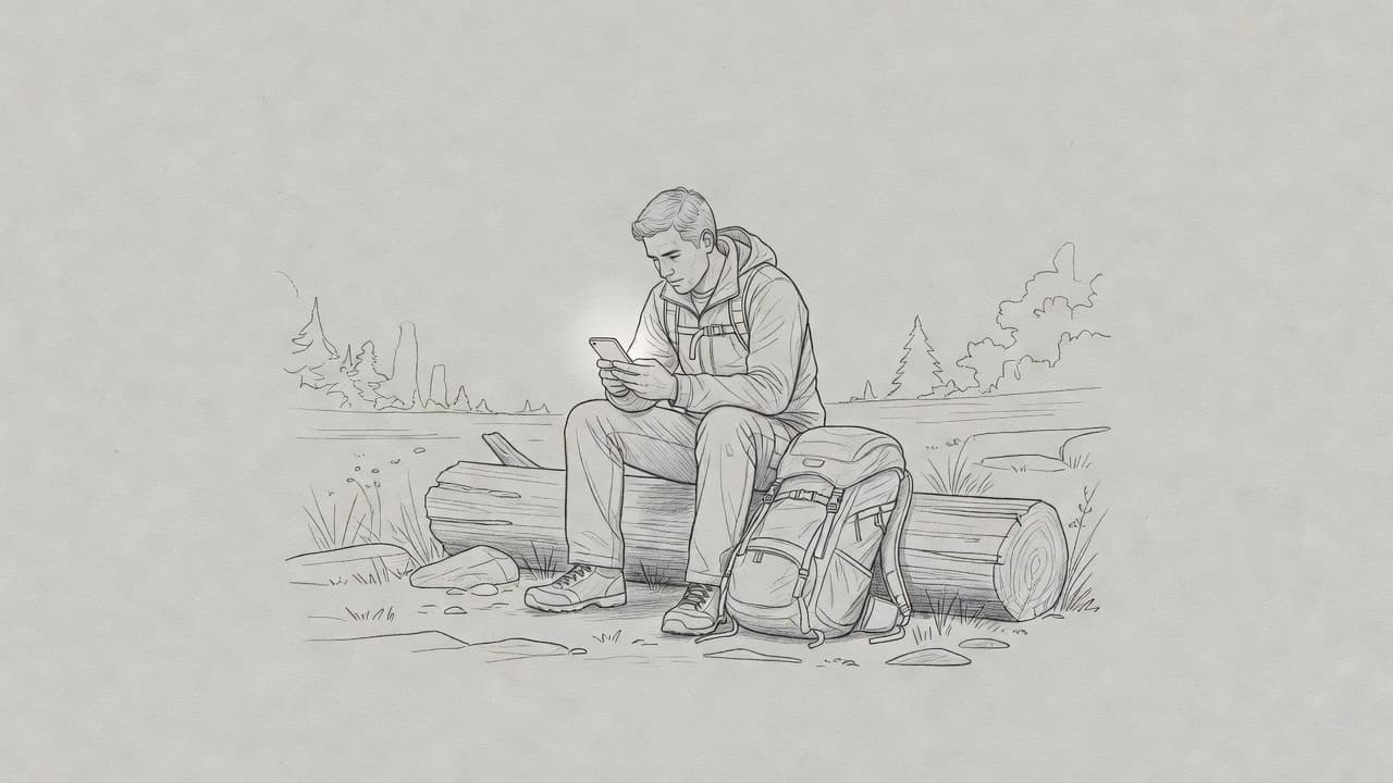 A graphite drawing on textured gray paper shows a traveler resting on a fallen log outdoors. A backpack sits on the ground as the individual reviews a mobile phone screen.
