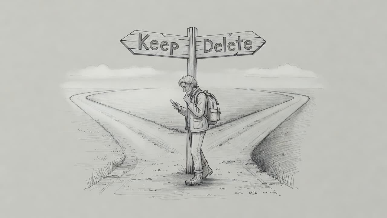 A graphite sketch on gray paper depicts a solitary traveler standing before a signpost with two diverging paths. The person holds a smartphone, contemplating the difficult choice of digital navigation options.