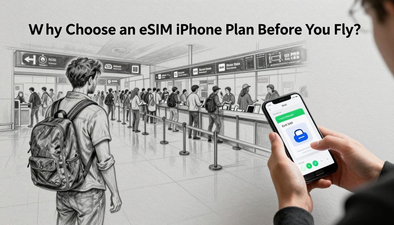 A graphite drawing shows a traveler looking overwhelmed at a busy airport kiosk with long queues, while a nearby person uses a smartphone to activate a digital plan with calm focus.