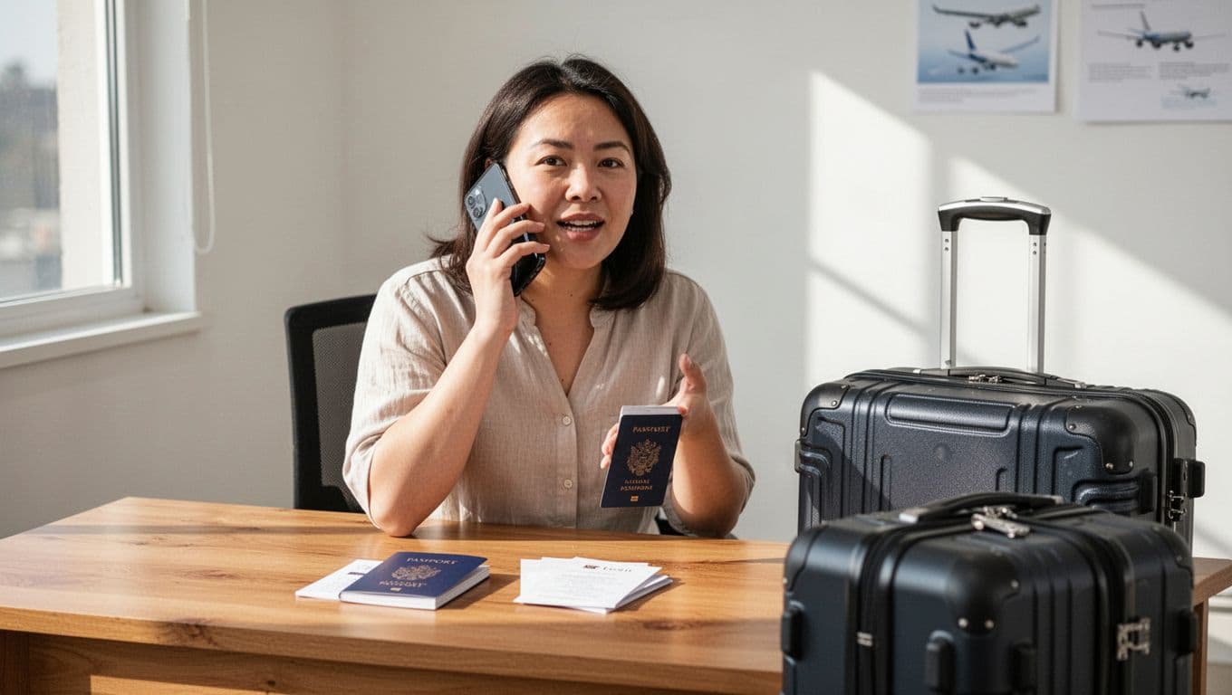 A graphite sketch depicts a person sitting at a desk engaged in a phone conversation. A passport and a piece of luggage are visible in the background, suggesting travel preparations.