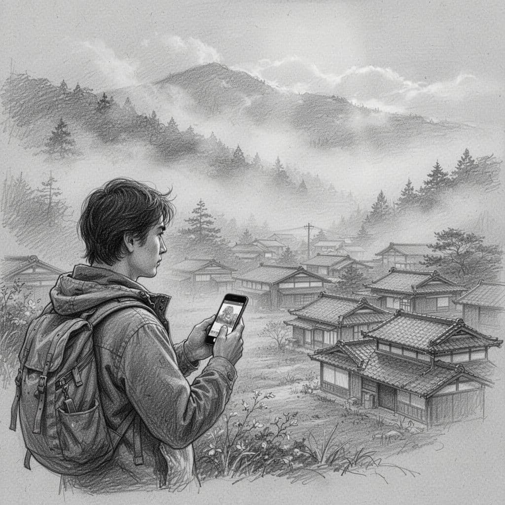 A sketch featuring a person holding an iPhone near a quiet, mist-covered mountain village. Graphite lines and subtle shading define the traditional houses and landscape against a light gray paper background.