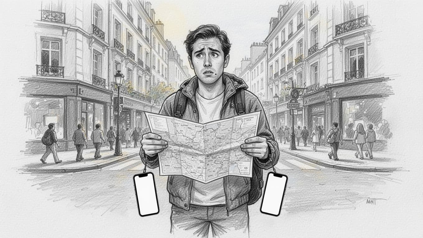 A graphite drawing depicts a confused traveler standing on a busy street corner clutching an open paper map. Their smartphone hangs limp in their other hand against a textured white background.