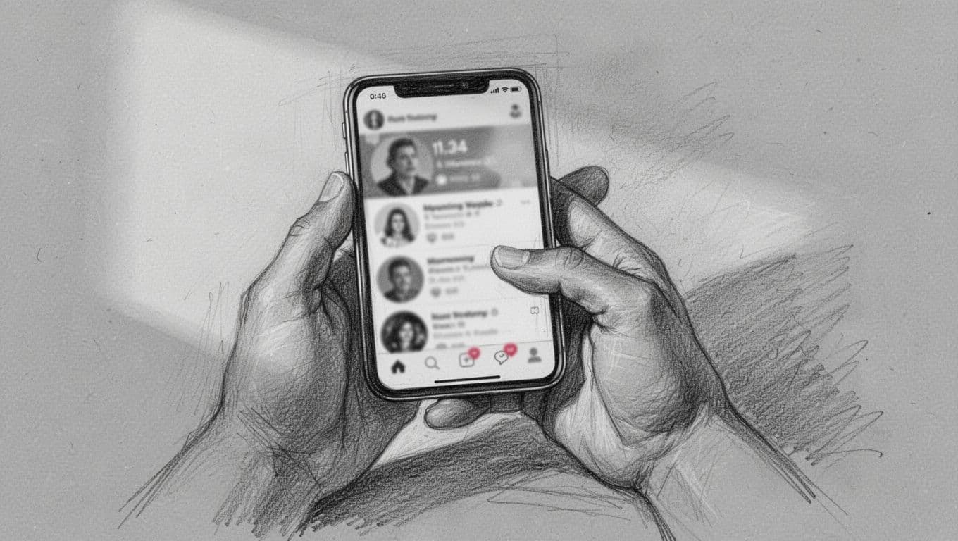 A detailed graphite sketch on gray paper captures a traveler holding a smartphone with a worried expression. The screen display is soft and blurred, hinting at an active digital feed.