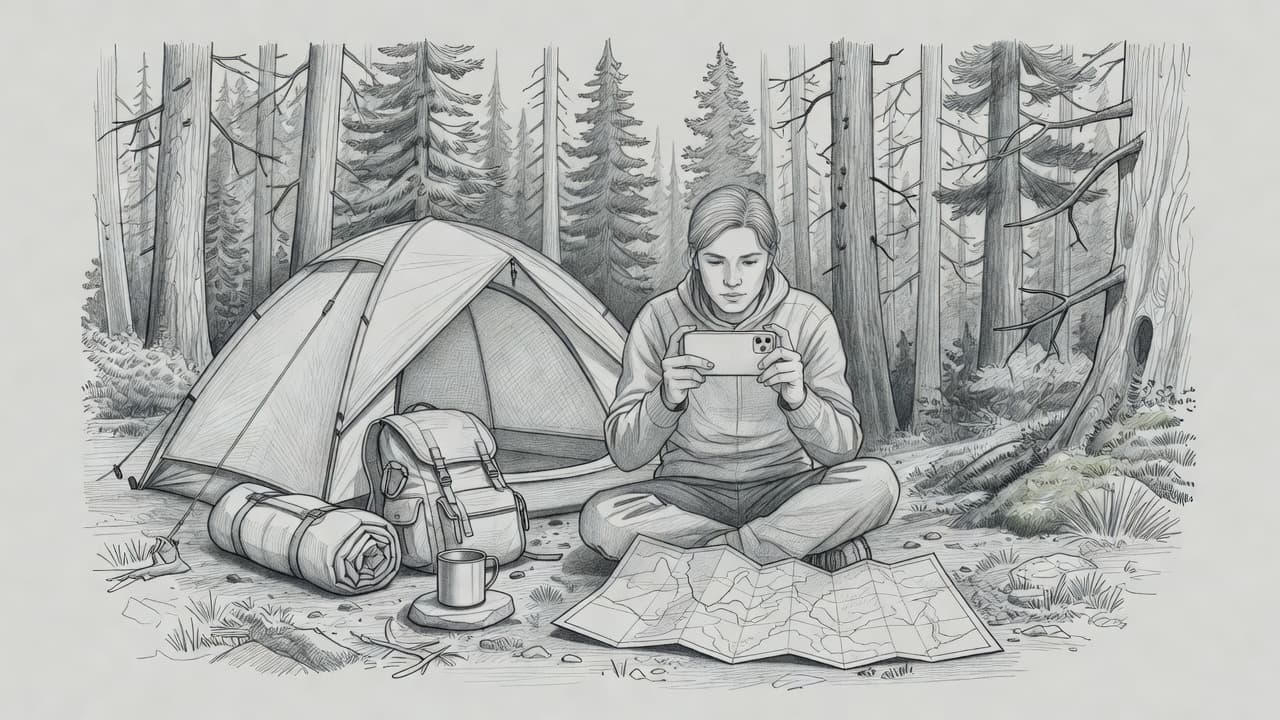 A detailed graphite drawing on gray paper captures a camper holding an iPhone near a tent. Surrounding gear, a spread-out navigation map, and forest trees complete this outdoor wilderness adventure scene.