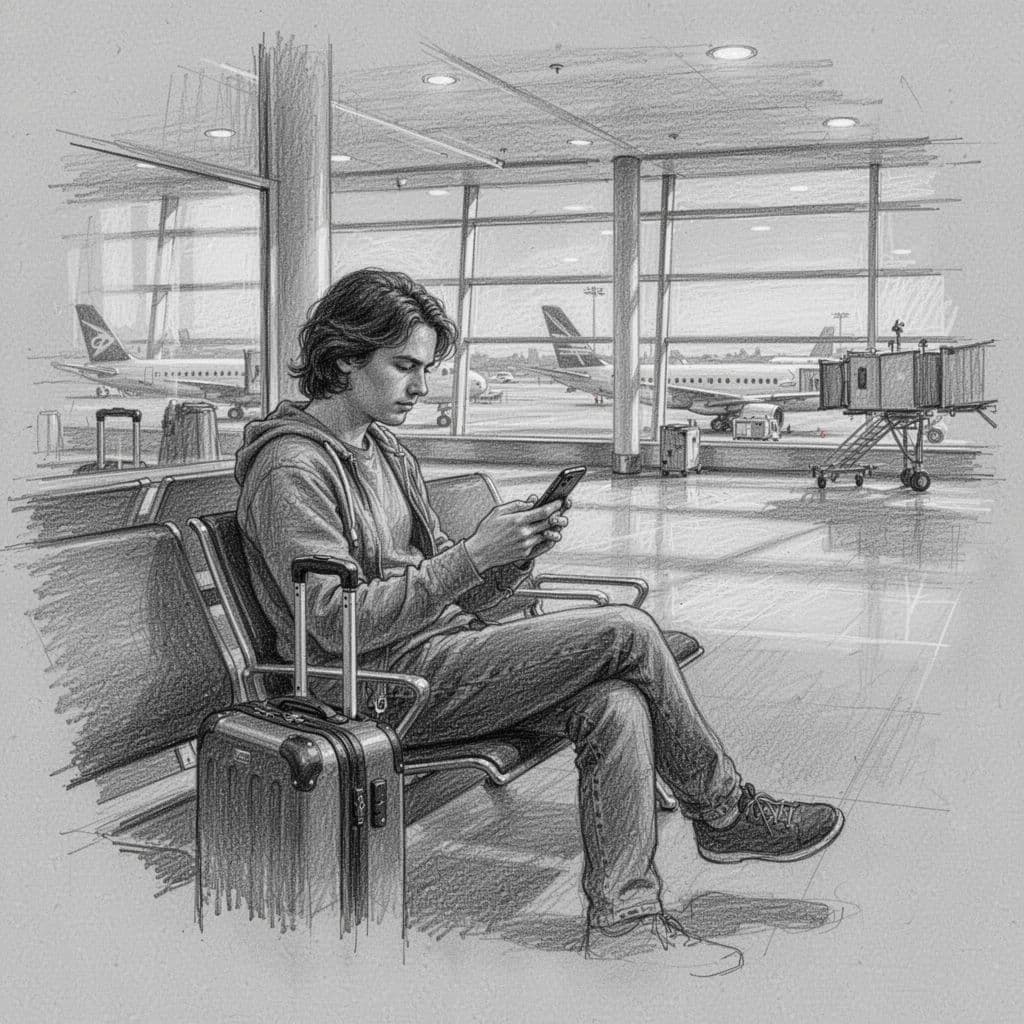 A graphite sketch on textured gray paper depicts a solitary traveler sitting at an airport gate. The individual holds an iPhone, focusing intently on the blank screen while preparing for departure.