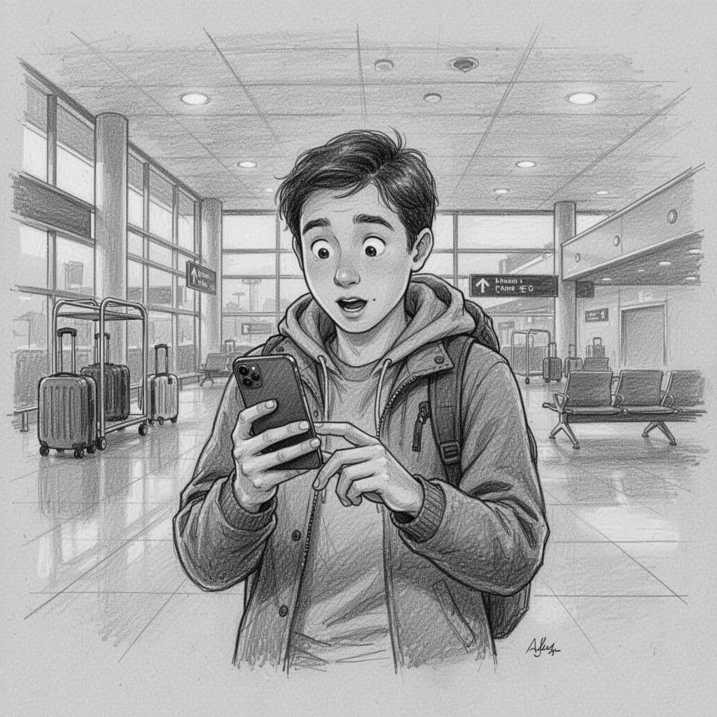 A graphite sketch depicts a curious traveler holding a smartphone in an airport terminal. Minimalist luggage and seating fill the background as the person stares intensely at their glowing mobile screen.