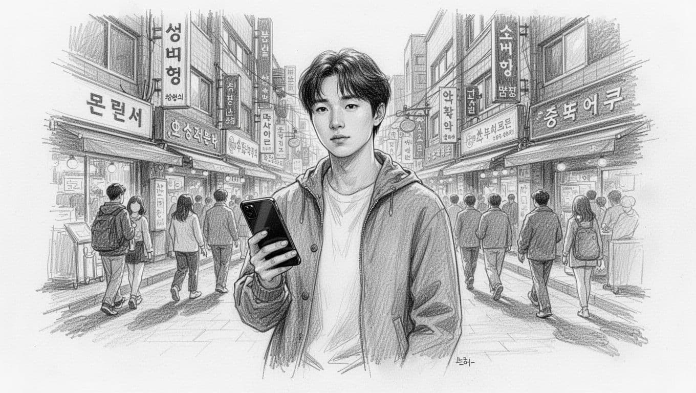 A detailed graphite pencil sketch depicts a person standing on a busy South Korean street while holding a blank iPhone. Soft charcoal shading highlights the urban textures and minimalist architectural surroundings.