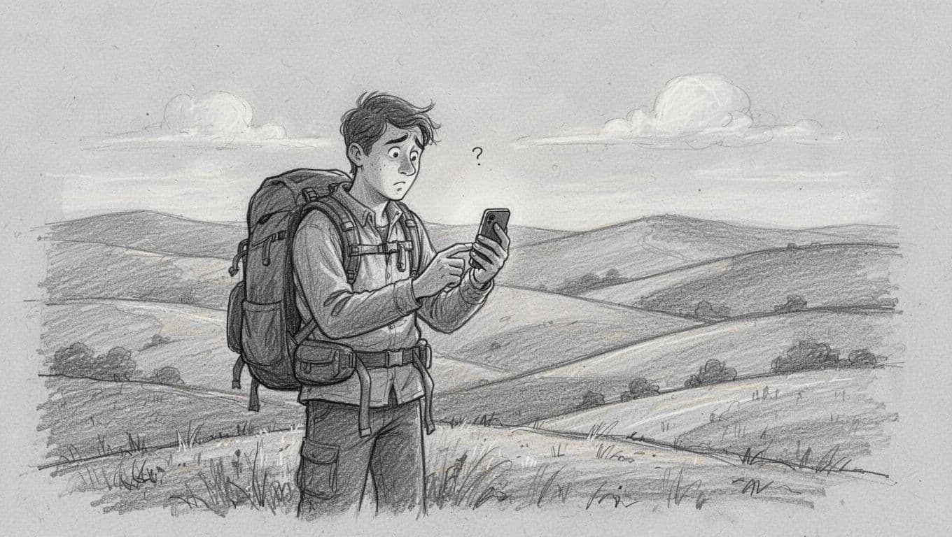 A graphite drawing shows a lone traveler standing amid rolling hills while staring intensely at an iPhone screen. Soft pencil shading defines the rugged terrain against a clean, light gray background.